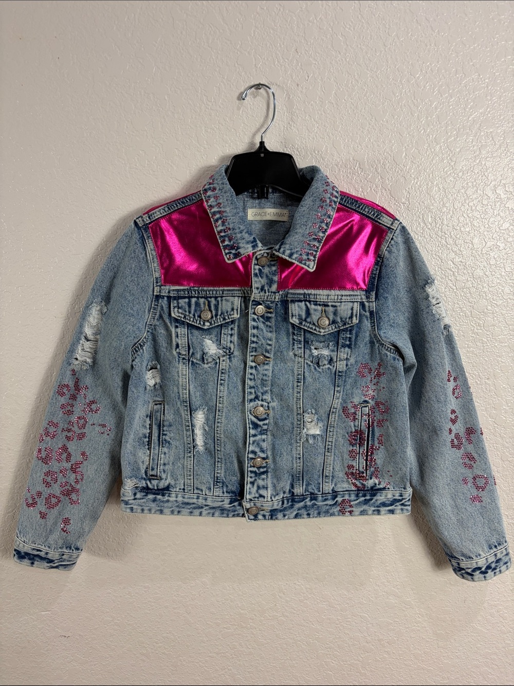 Denim Jacket with Hot Pink Satin Yoke and Rhinestone Leopard Accents,Size M.